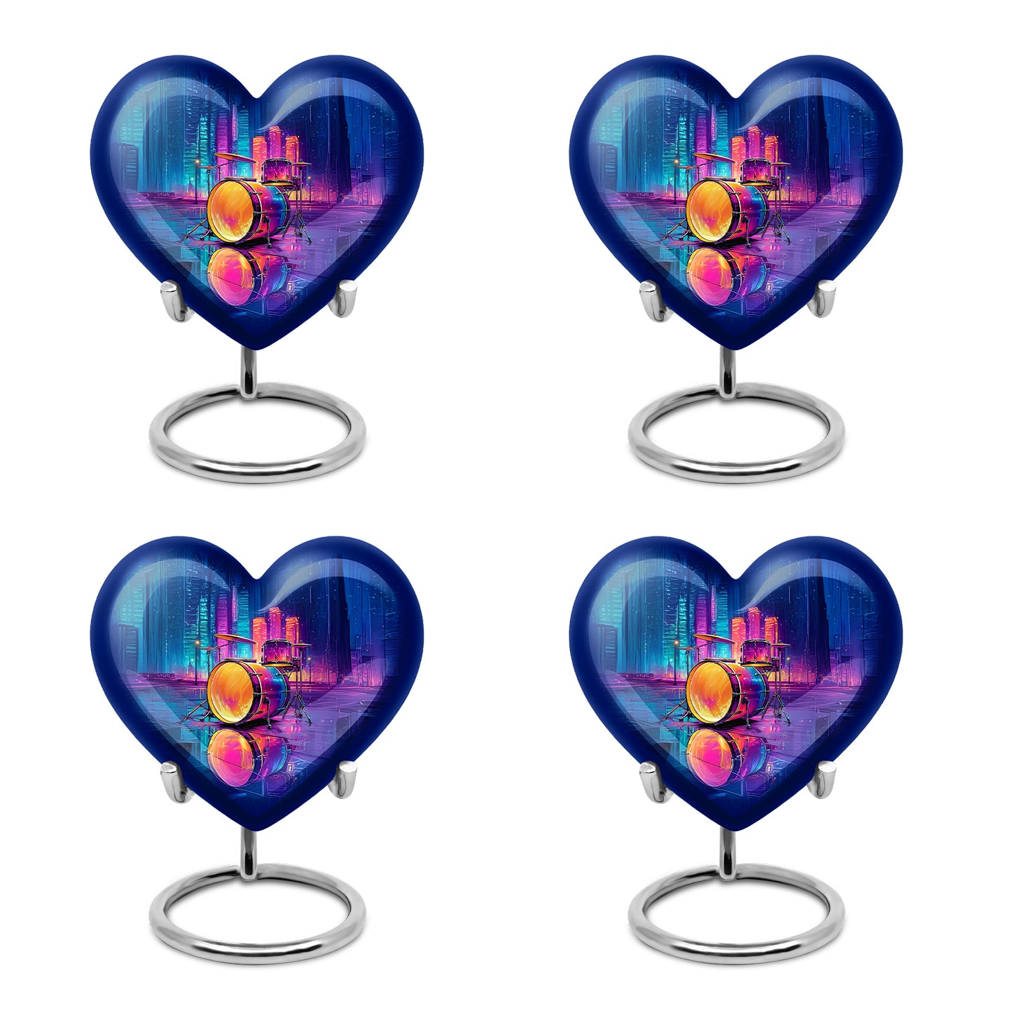 Cornflower Blue Drums Cremation Urn angled view of lid and engraved motif - compassionate heart-drums combination with gentle curves - 10 inch aluminum urn for cremated remains