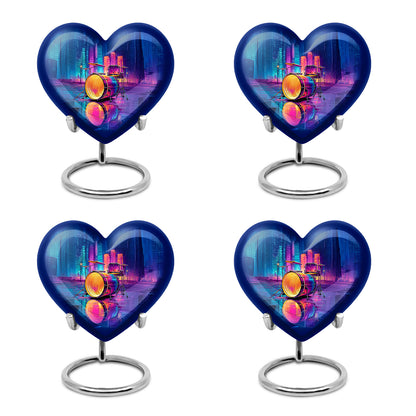 Cornflower Blue Drums Cremation Urn angled view of lid and engraved motif - compassionate heart-drums combination with gentle curves - 10 inch aluminum urn for cremated remains