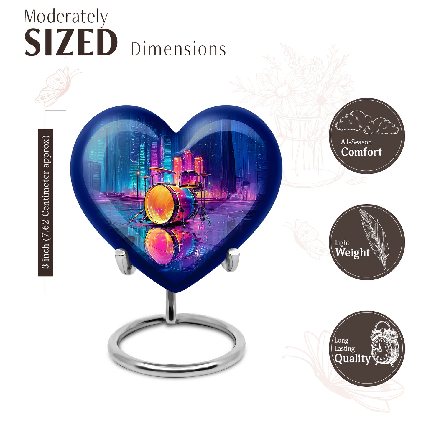Calming Blue Drums Cremation Urn front view showing detailed design - compassionate heart-drums combination with gentle curves - mini keepsake memorial for portion of cremation ashes