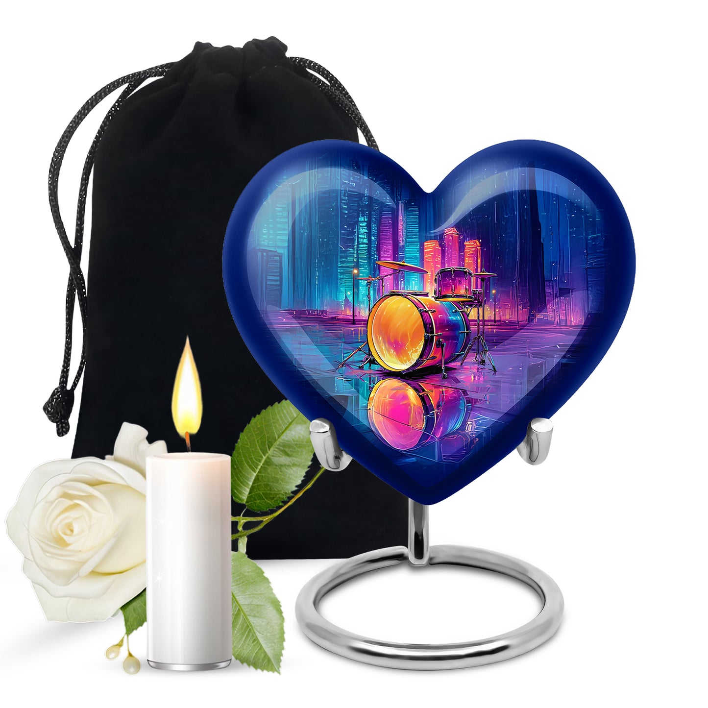 Azure Drums Cremation Urn detail view - heart-shaped drums design symbolizing eternal love - full-size 10 inch 200 cubic inch adult cremation urn