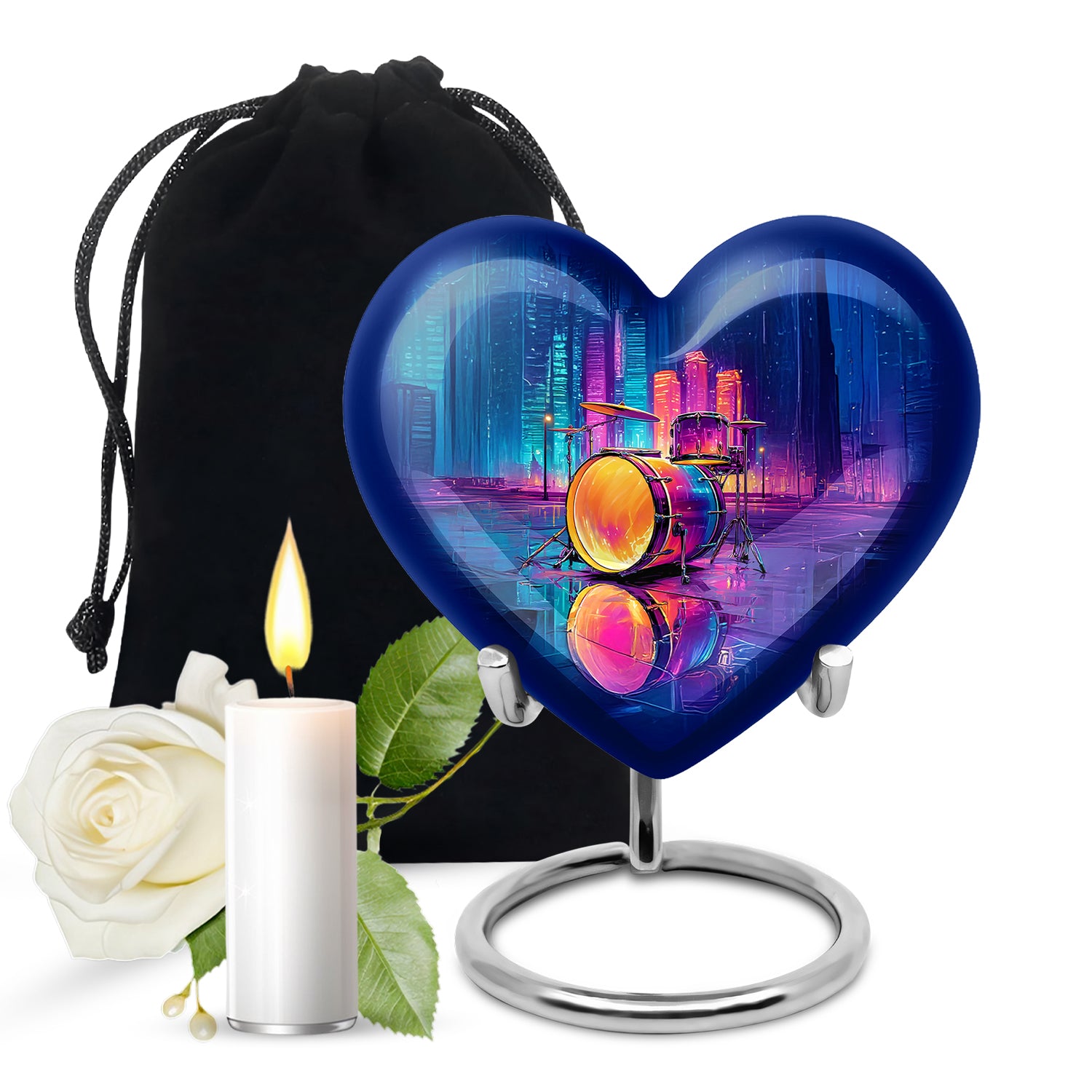 Azure Drums Cremation Urn detail view - heart-shaped drums design symbolizing eternal love - full-size 10 inch 200 cubic inch adult cremation urn