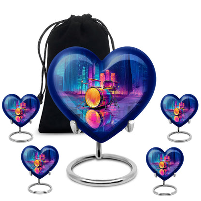 Soft Blue Drums Cremation Urn close-up of engraving and surface detail - romantic heart urn with drums motif on aluminum - memorial set with one large and four small urns