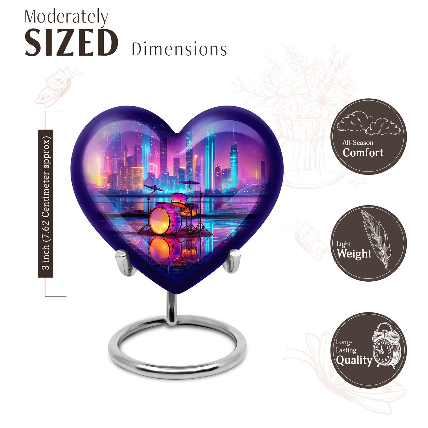 Twilight Blue Drums Cremation Urn front view showing detailed design - romantic heart urn with drums motif on aluminum - mini keepsake memorial for portion of cremation ashes