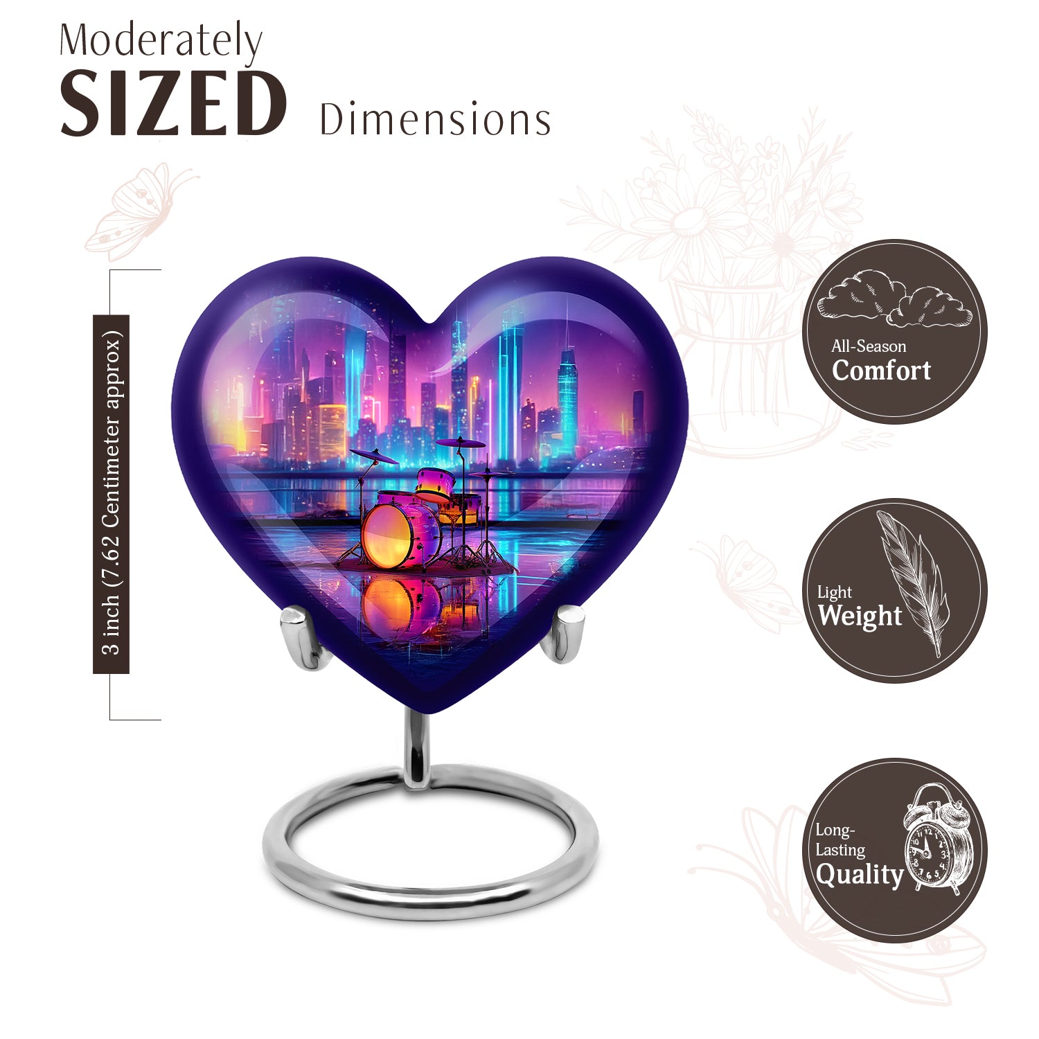Twilight Blue Drums Cremation Urn front view showing detailed design - romantic heart urn with drums motif on aluminum - mini keepsake memorial for portion of cremation ashes