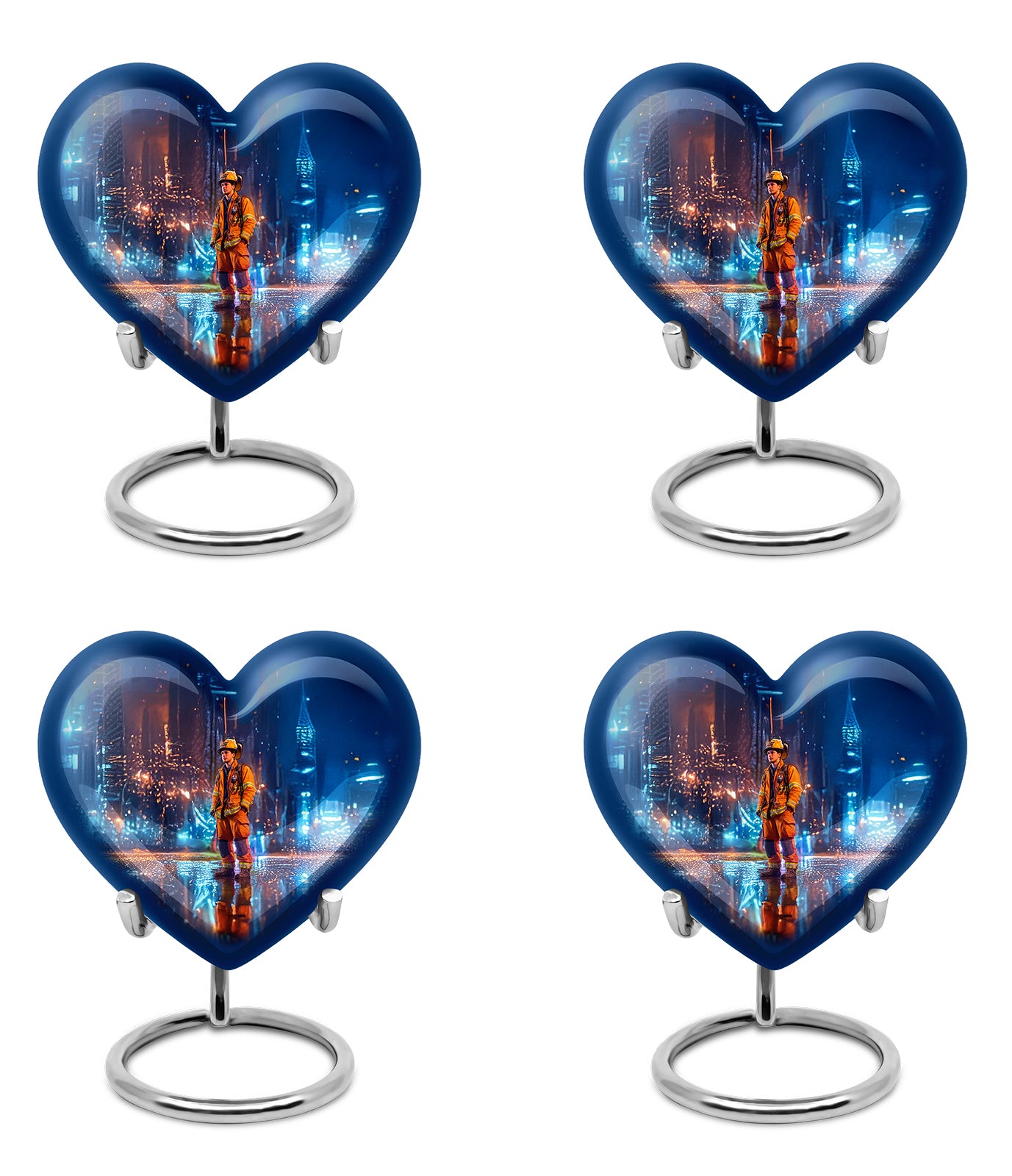 Twilight Blue Firefighter Cremation Urn angled view of lid and engraved motif - romantic heart urn with firefighter motif on aluminum - 10 inch aluminum urn for cremated remains