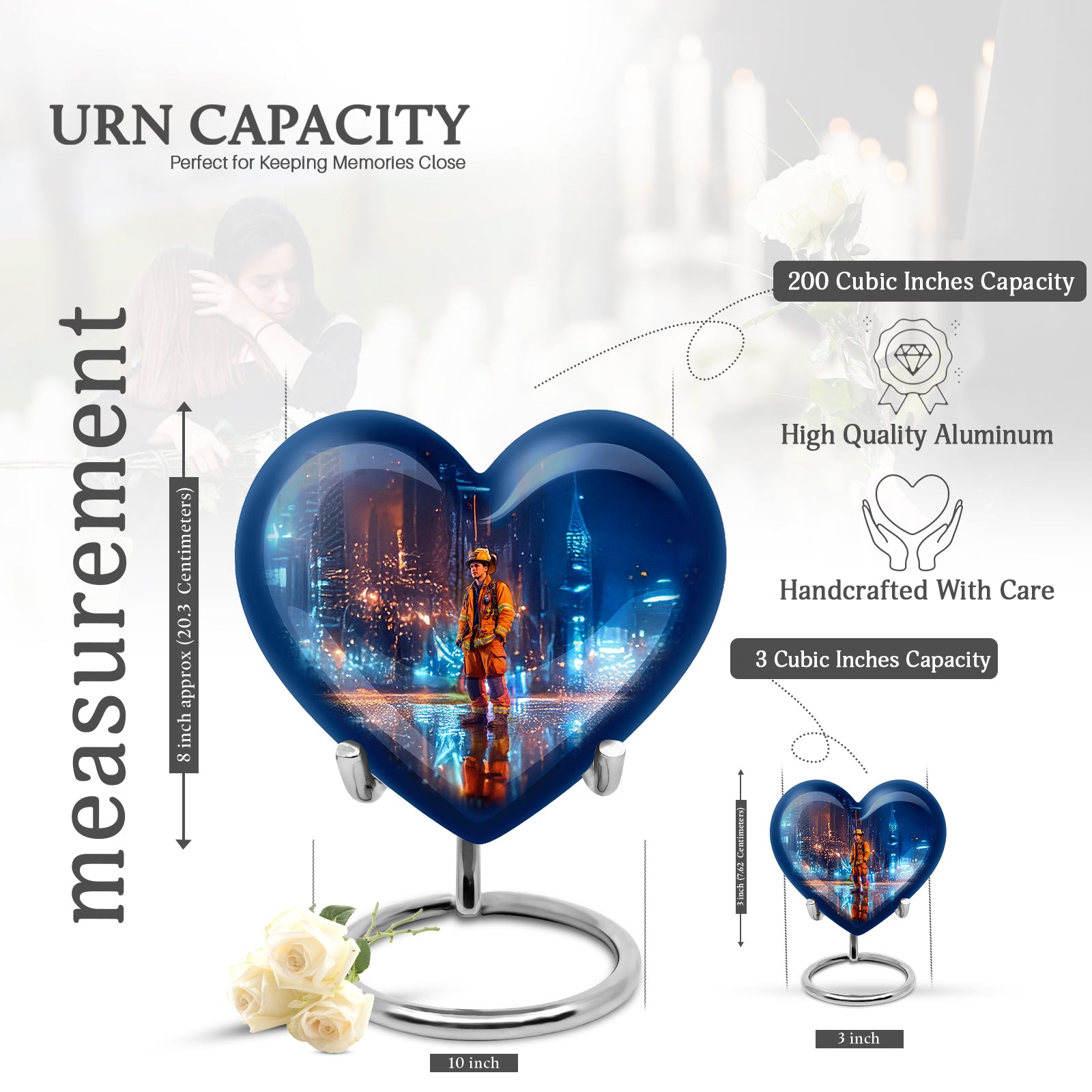 Navy Blue Firefighter Cremation Urn front view showing detailed design - heart-shaped firefighter design symbolizing eternal love - mini keepsake memorial for portion of cremation ashes