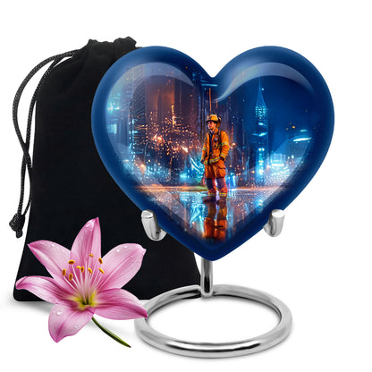 Bright Blue Firefighter Cremation Urn detail view - romantic heart urn with firefighter motif on aluminum - full-size 10 inch 200 cubic inch adult cremation urn