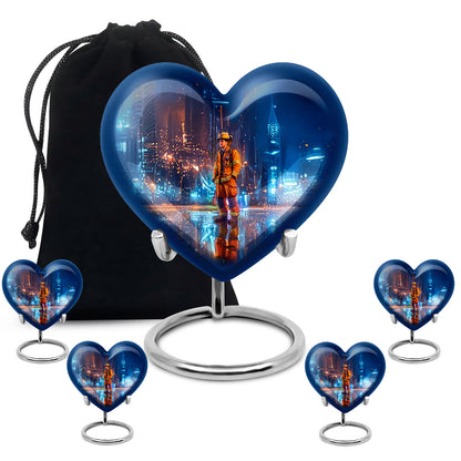 Misty Blue Firefighter Cremation Urn close-up of engraving and surface detail - heart-shaped firefighter design symbolizing eternal love - memorial set with one large and four small urns