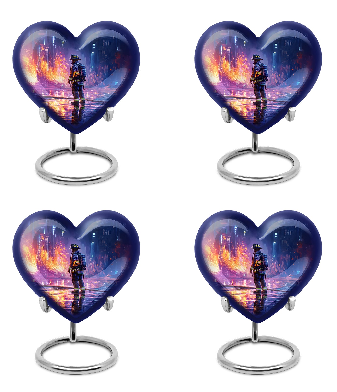 Pastel Blue Firefighter Cremation Urn angled view of lid and engraved motif - heart-shaped firefighter design symbolizing eternal love - 10 inch aluminum urn for cremated remains