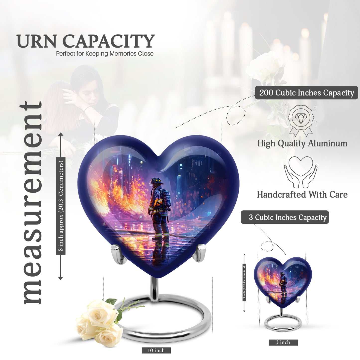 Dusty Blue Firefighter Cremation Urn front view showing detailed design - loving heart memorial featuring firefighter pattern - mini keepsake memorial for portion of cremation ashes
