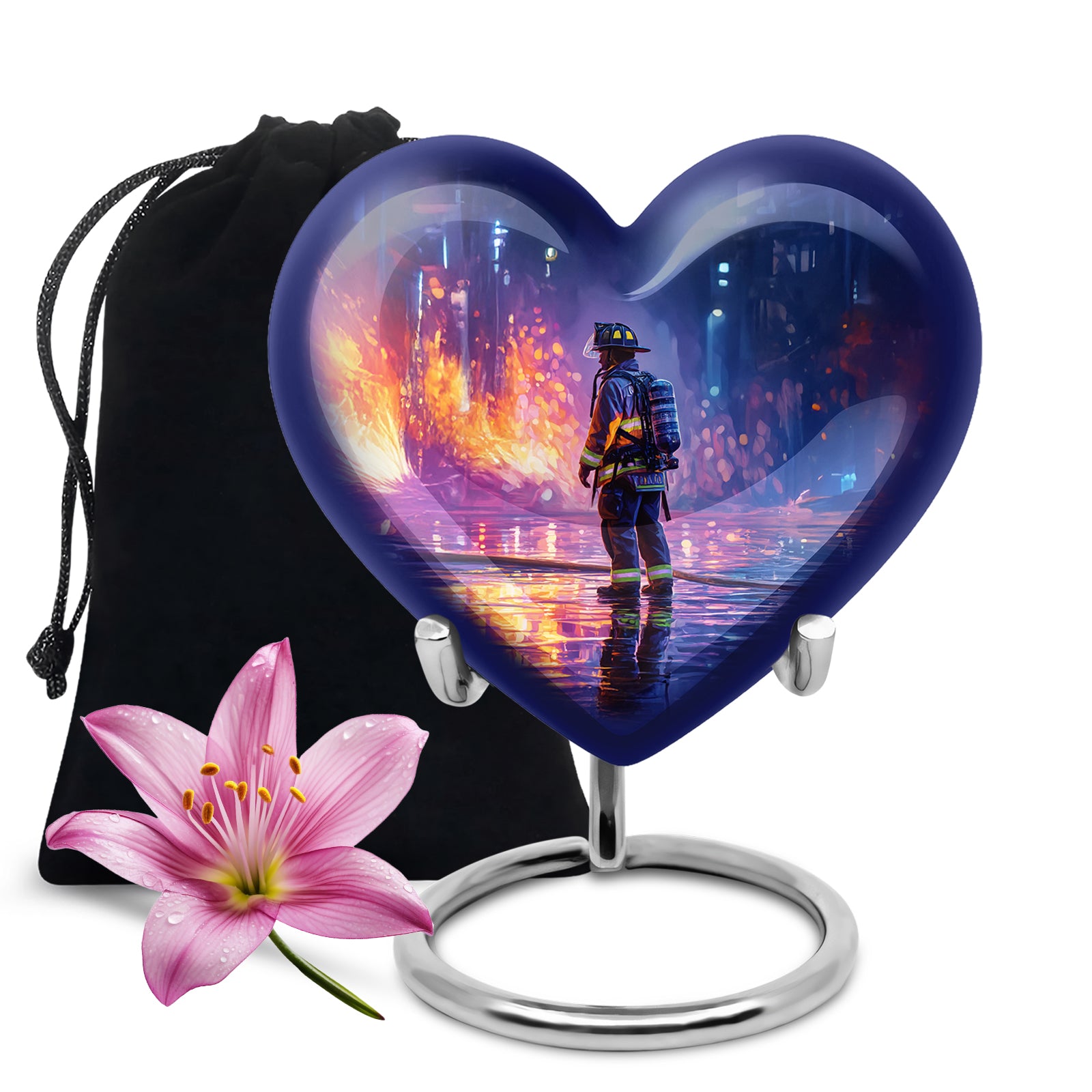 Powder Blue Firefighter Cremation Urn detail view - loving heart memorial featuring firefighter pattern - full-size 10 inch 200 cubic inch adult cremation urn