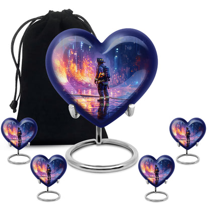 Navy Blue Firefighter Cremation Urn close-up of engraving and surface detail - heart-shaped firefighter design symbolizing eternal love - memorial set with one large and four small urns