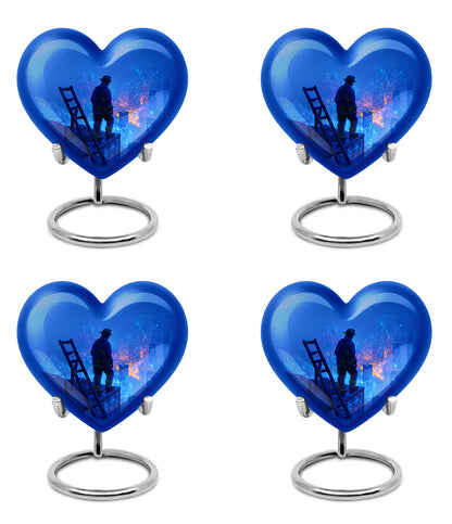 Dusty Blue Firefighter Cremation Urn angled view of lid and engraved motif - loving heart memorial featuring firefighter pattern - 10 inch aluminum urn for cremated remains