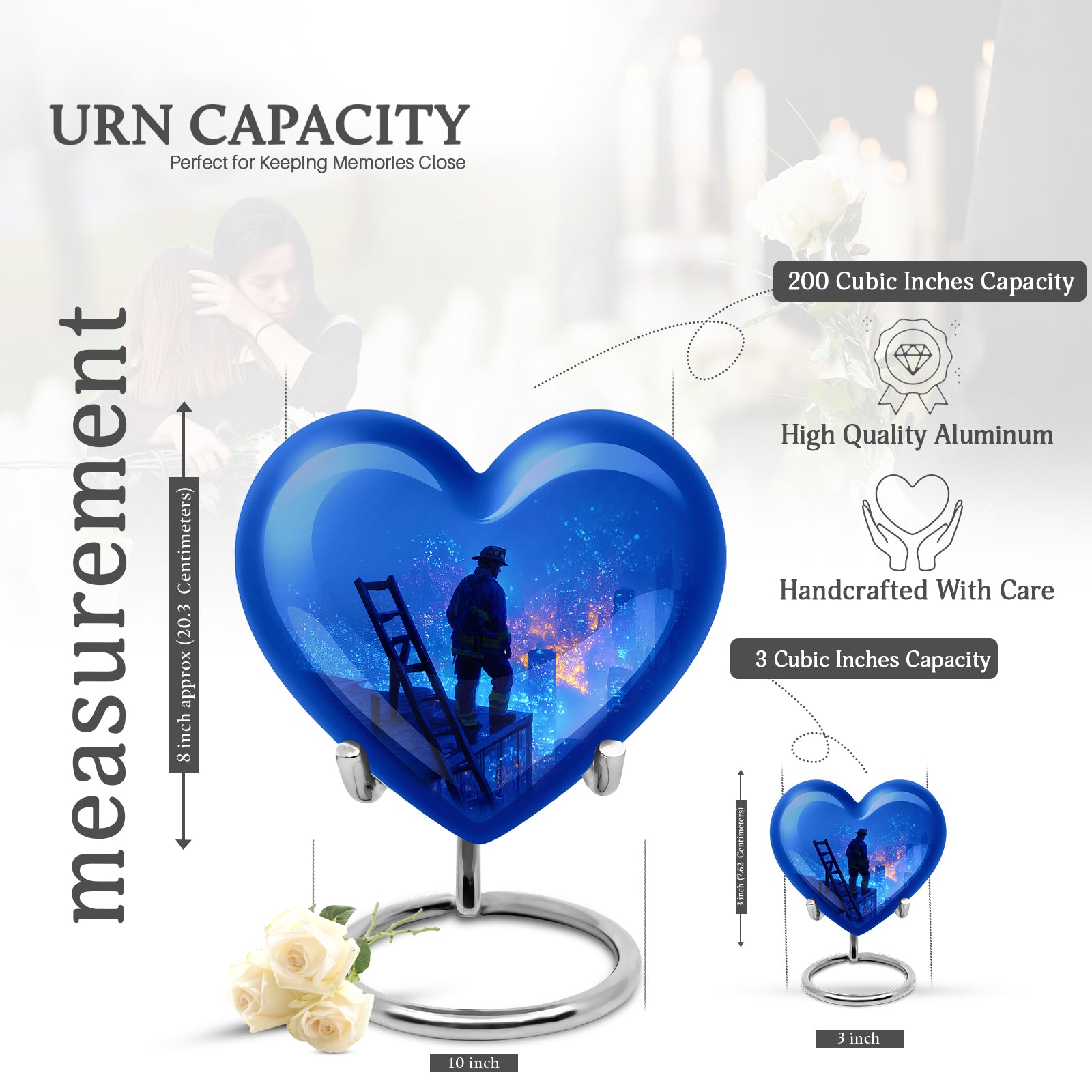 Misty Blue Firefighter Cremation Urn front view showing detailed design - heart-shaped firefighter design symbolizing eternal love - mini keepsake memorial for portion of cremation ashes