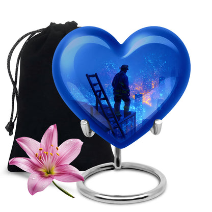 Pastel Blue Firefighter Cremation Urn detail view - heart-shaped firefighter design symbolizing eternal love - full-size 10 inch 200 cubic inch adult cremation urn