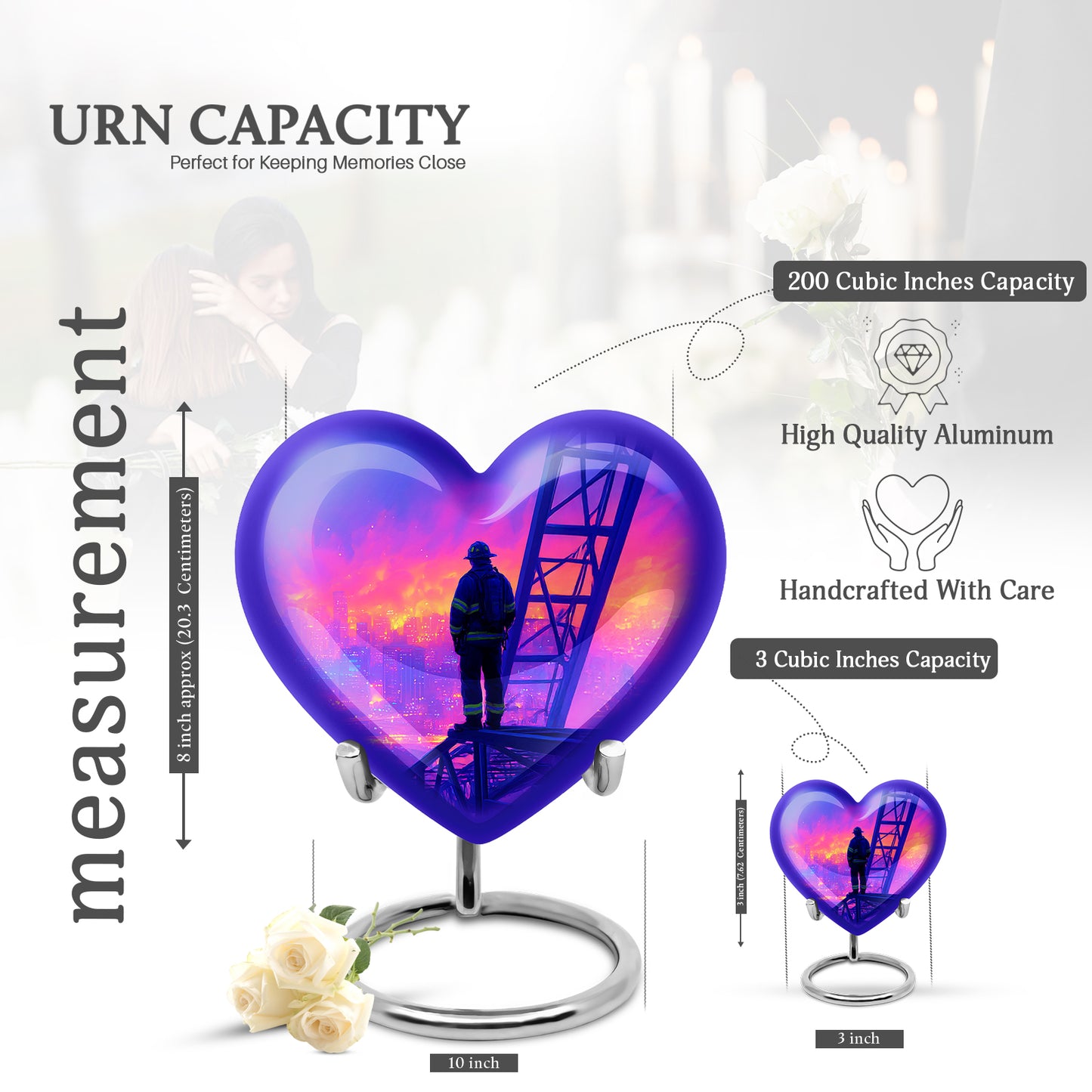Azure Firefighter Cremation Urn front view showing detailed design - heart-shaped firefighter design symbolizing eternal love - mini keepsake memorial for portion of cremation ashes