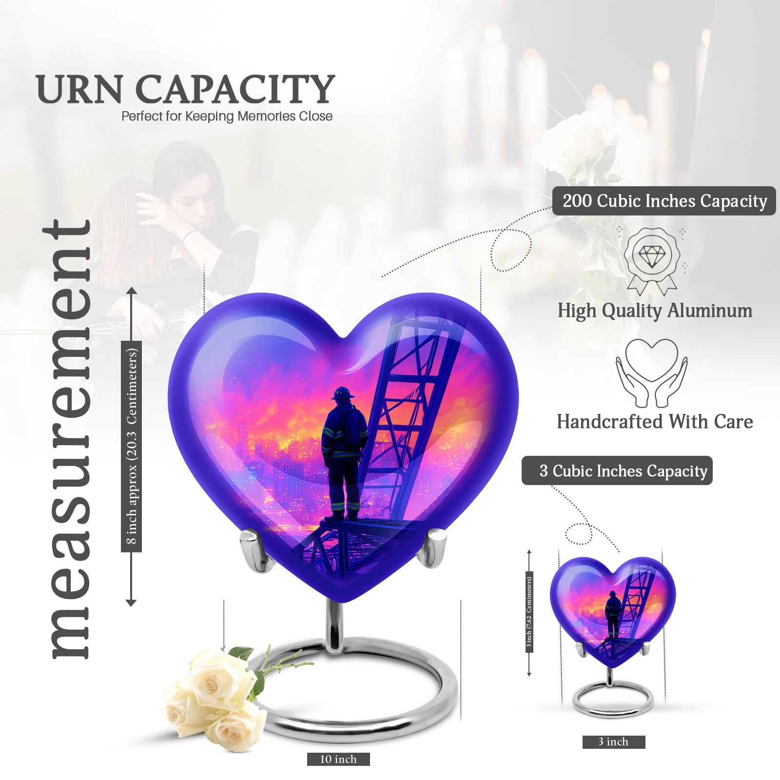 Azure Firefighter Cremation Urn front view showing detailed design - heart-shaped firefighter design symbolizing eternal love - mini keepsake memorial for portion of cremation ashes