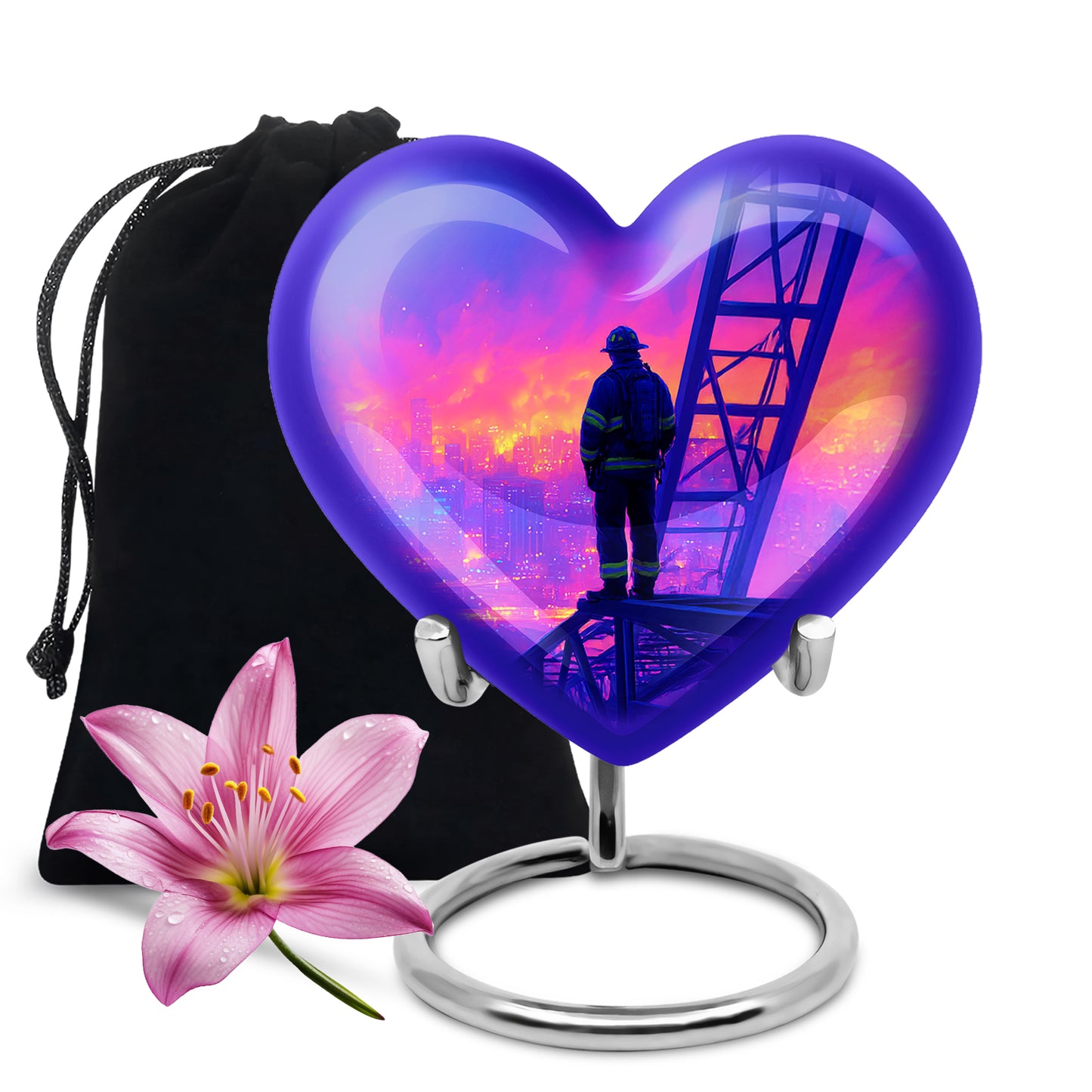 Soft Blue Firefighter Cremation Urn detail view - romantic heart urn with firefighter motif on aluminum - full-size 10 inch 200 cubic inch adult cremation urn