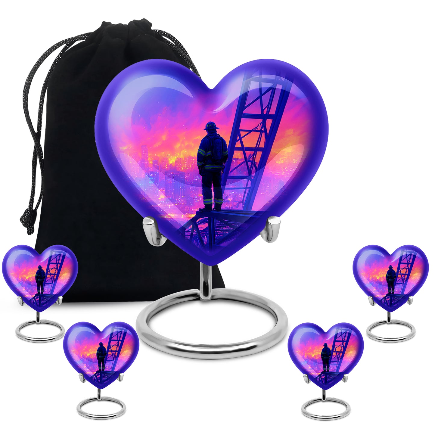 Azure Firefighter Cremation Urn close-up of engraving and surface detail - heart-shaped firefighter design symbolizing eternal love - memorial set with one large and four small urns