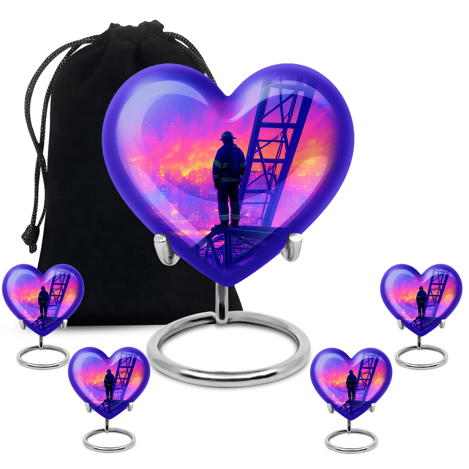 Azure Firefighter Cremation Urn close-up of engraving and surface detail - heart-shaped firefighter design symbolizing eternal love - memorial set with one large and four small urns