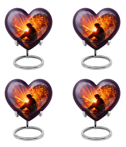 Powder Blue Firefighter Cremation Urn angled view of lid and engraved motif - loving heart memorial featuring firefighter pattern - 10 inch aluminum urn for cremated remains