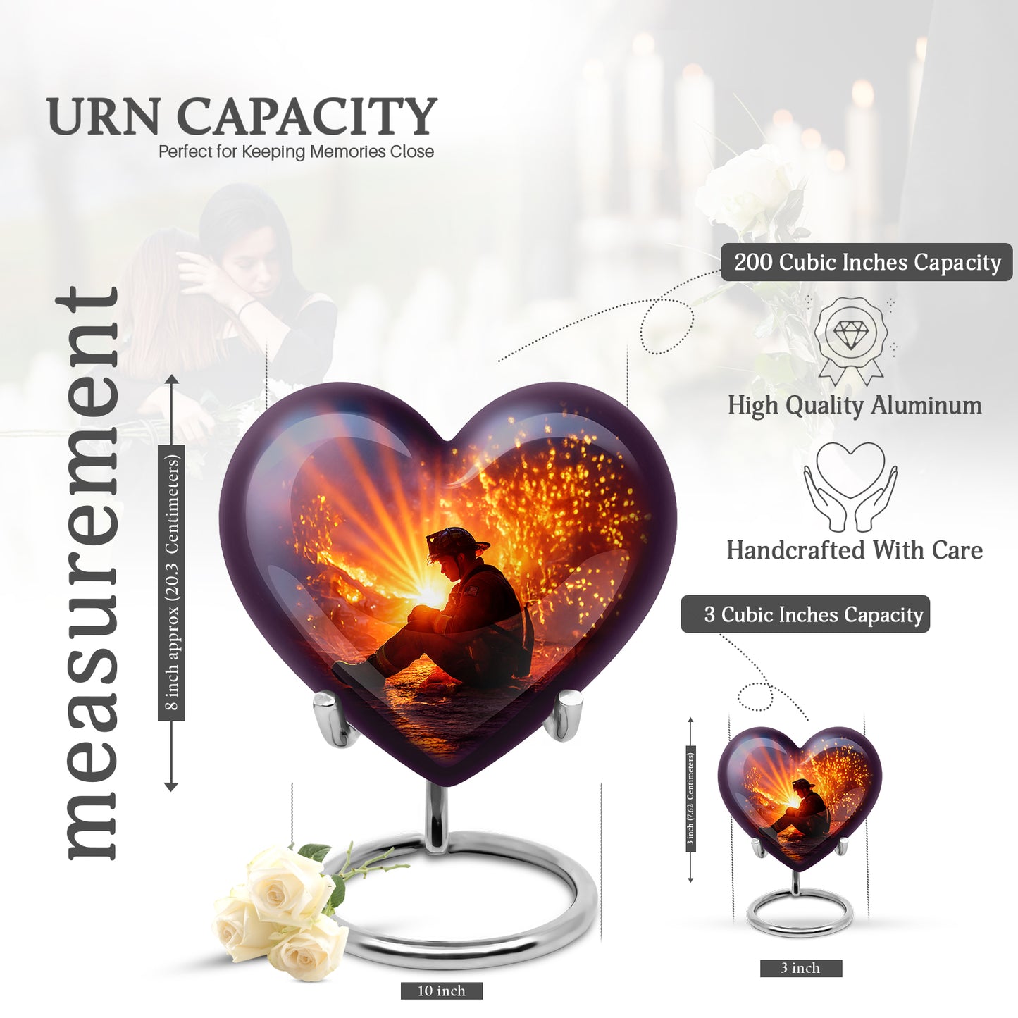 Serene Blue Firefighter Cremation Urn front view showing detailed design - compassionate heart-firefighter combination with gentle curves - mini keepsake memorial for portion of cremation ashes