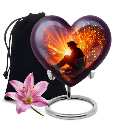 Azure Firefighter Cremation Urn detail view - heart-shaped firefighter design symbolizing eternal love - full-size 10 inch 200 cubic inch adult cremation urn