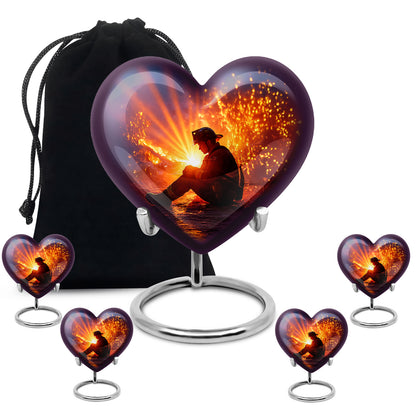 Twilight Blue Firefighter Cremation Urn close-up of engraving and surface detail - romantic heart urn with firefighter motif on aluminum - memorial set with one large and four small urns