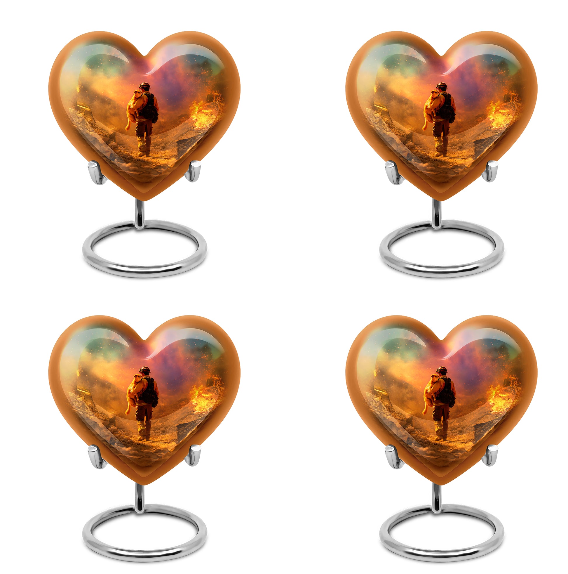 Royal Gold Firefighter Cremation Urn angled view of lid and engraved motif - compassionate heart-firefighter combination with gentle curves - 10 inch aluminum urn for cremated remains