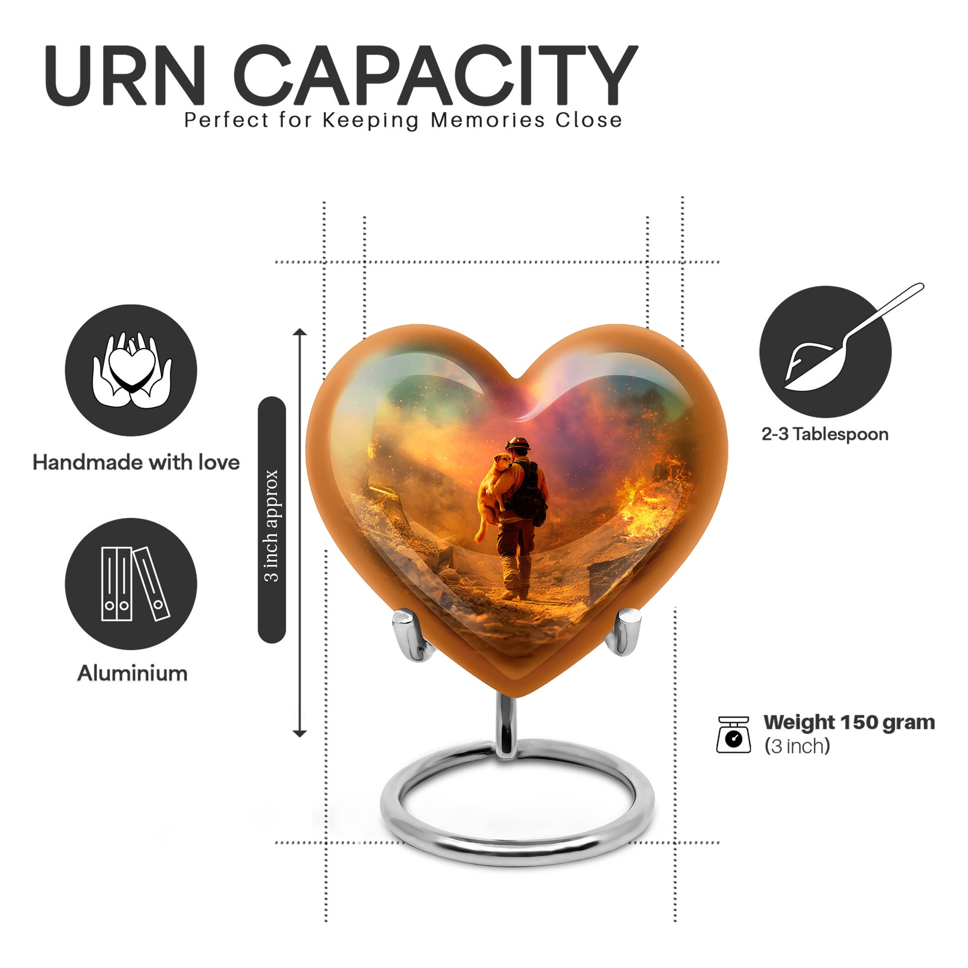 Harvest Gold Firefighter Cremation Urn front view showing detailed design - compassionate heart-firefighter combination with gentle curves - mini keepsake memorial for portion of cremation ashes