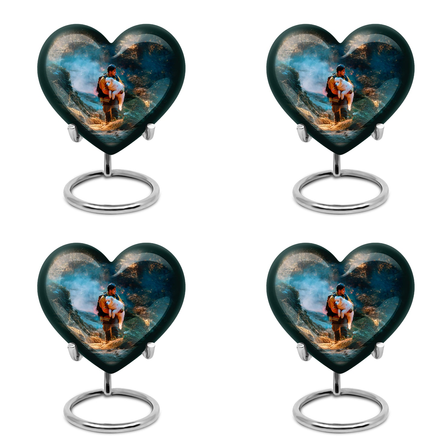 Soft Teal Firefighter Cremation Urn angled view of lid and engraved motif - heart-shaped firefighter design symbolizing eternal love - 10 inch aluminum urn for cremated remains
