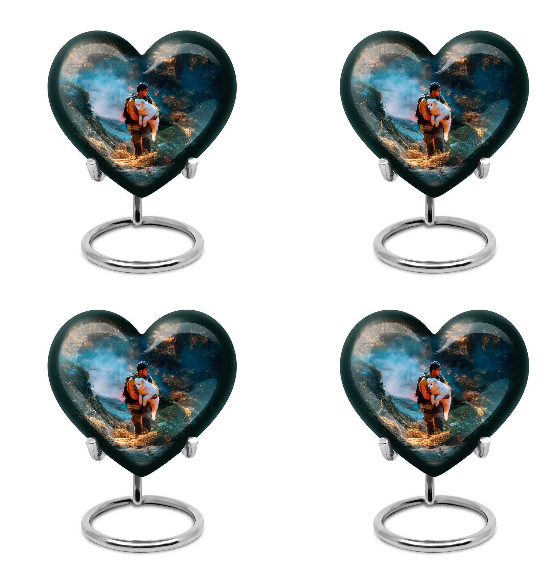 Soft Teal Firefighter Cremation Urn angled view of lid and engraved motif - heart-shaped firefighter design symbolizing eternal love - 10 inch aluminum urn for cremated remains