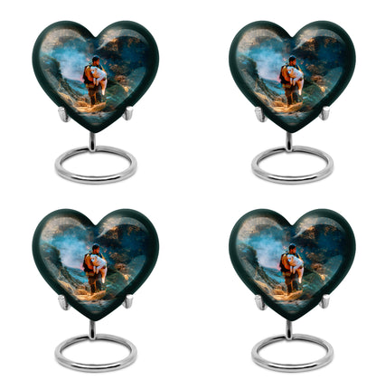 Soft Teal Firefighter Cremation Urn angled view of lid and engraved motif - heart-shaped firefighter design symbolizing eternal love - 10 inch aluminum urn for cremated remains