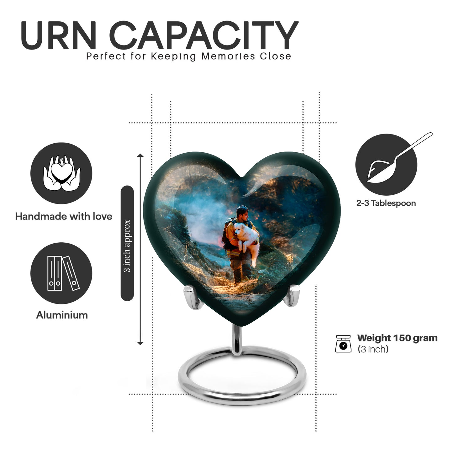 Deep Teal Firefighter Cremation Urn front view showing detailed design - romantic heart urn with firefighter motif on aluminum - mini keepsake memorial for portion of cremation ashes
