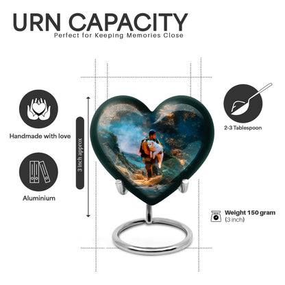 Deep Teal Firefighter Cremation Urn front view showing detailed design - romantic heart urn with firefighter motif on aluminum - mini keepsake memorial for portion of cremation ashes