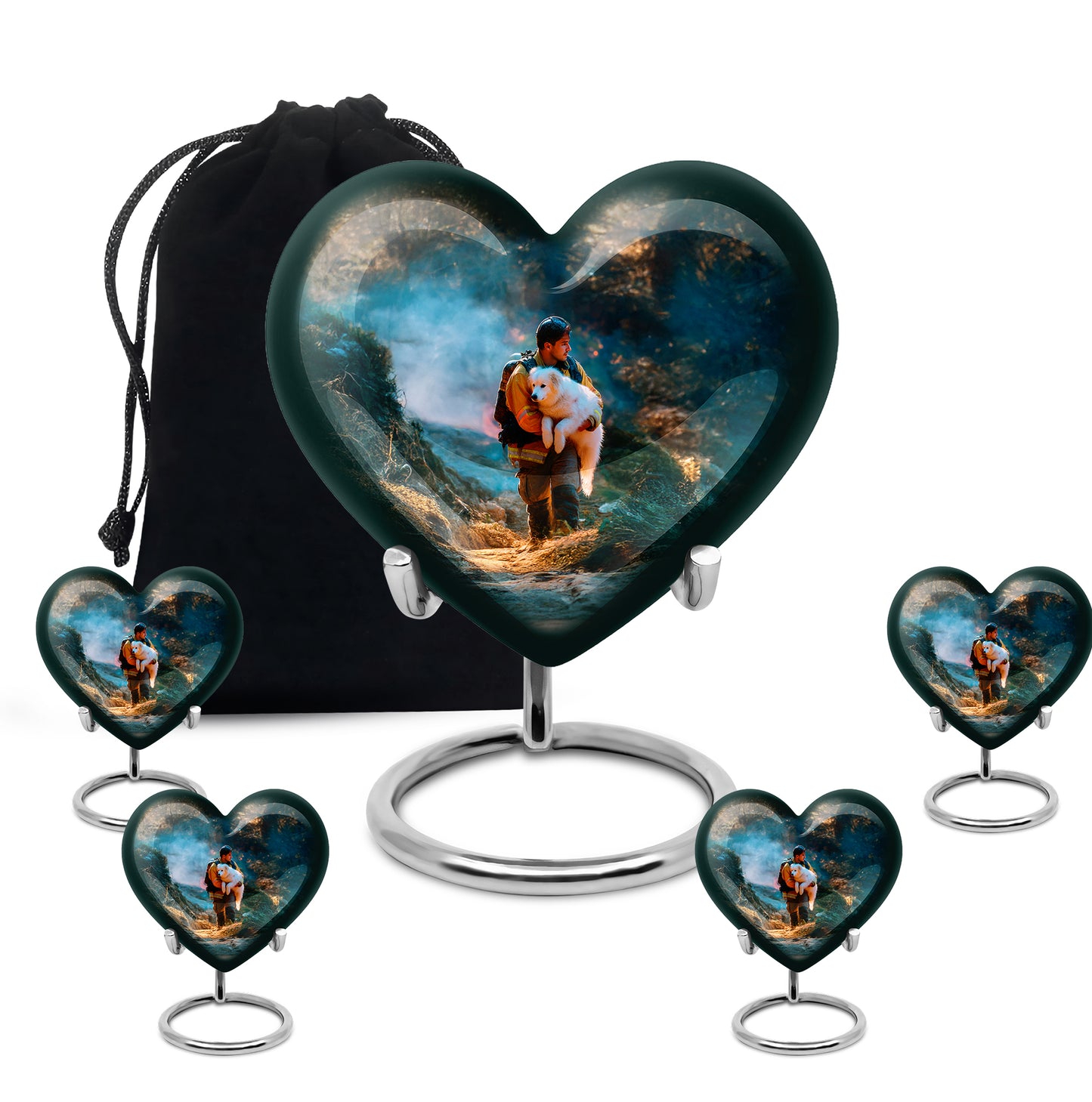 Tropical Teal Firefighter Cremation Urn close-up of engraving and surface detail - romantic heart urn with firefighter motif on aluminum - memorial set with one large and four small urns