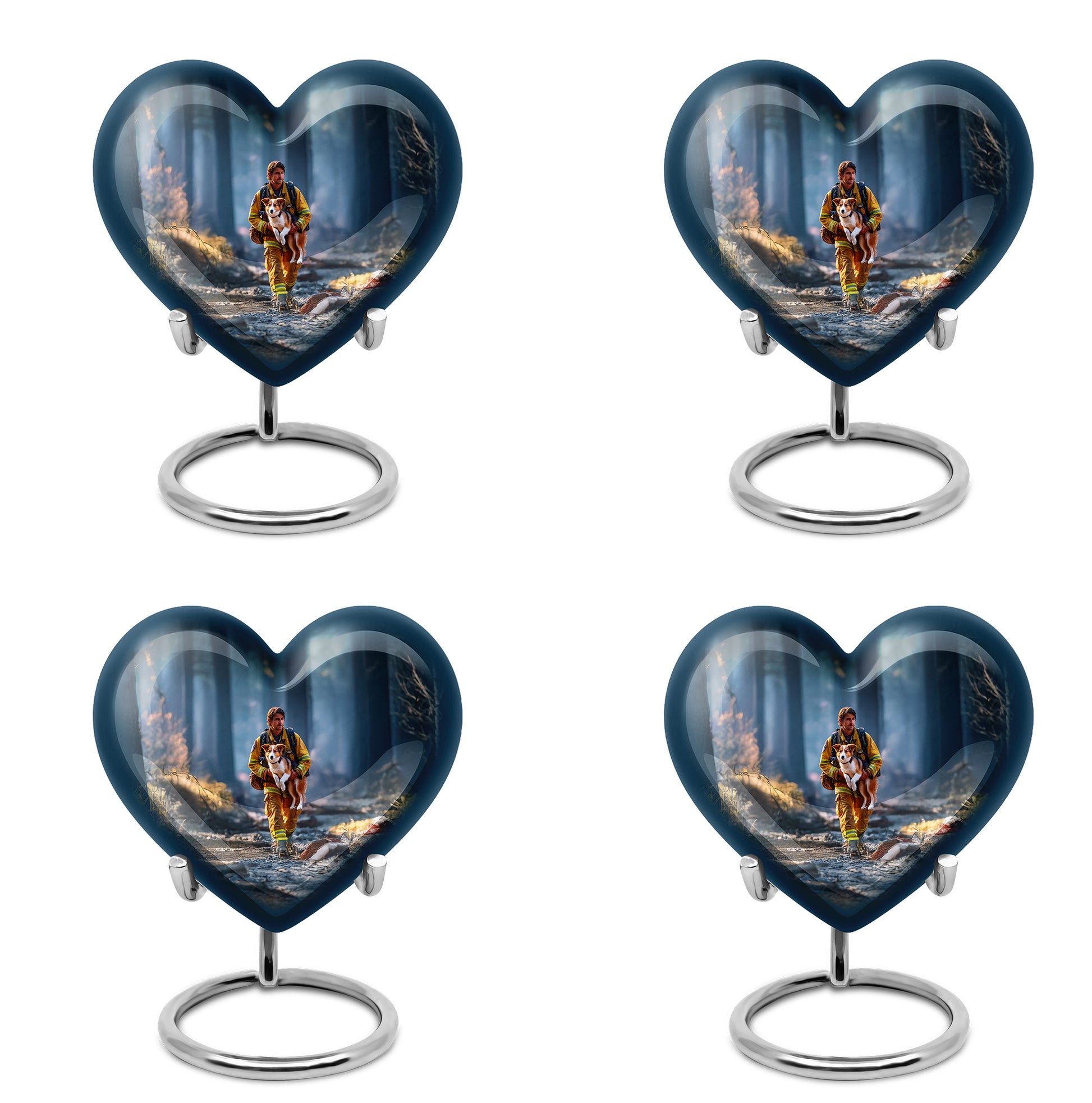 Cobalt Blue Firefighter Cremation Urn angled view of lid and engraved motif - compassionate heart-firefighter combination with gentle curves - 10 inch aluminum urn for cremated remains
