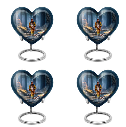 Cobalt Blue Firefighter Cremation Urn angled view of lid and engraved motif - compassionate heart-firefighter combination with gentle curves - 10 inch aluminum urn for cremated remains