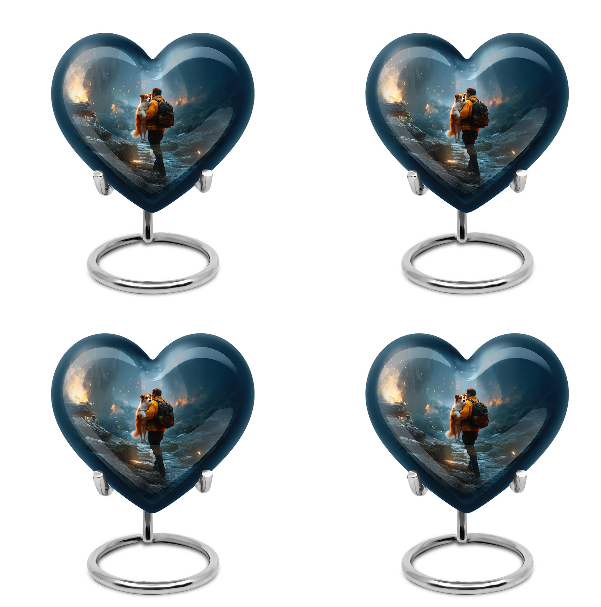 Serene Blue Firefighter Cremation Urn angled view of lid and engraved motif - compassionate heart-firefighter combination with gentle curves - 10 inch aluminum urn for cremated remains