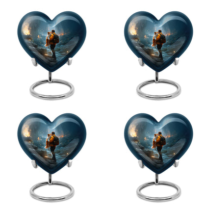 Serene Blue Firefighter Cremation Urn angled view of lid and engraved motif - compassionate heart-firefighter combination with gentle curves - 10 inch aluminum urn for cremated remains