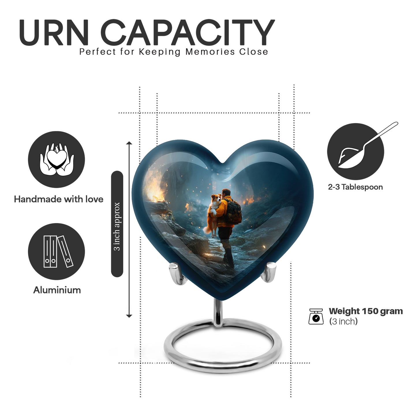 Azure Firefighter Cremation Urn front view showing detailed design - loving heart memorial featuring firefighter pattern - mini keepsake memorial for portion of cremation ashes