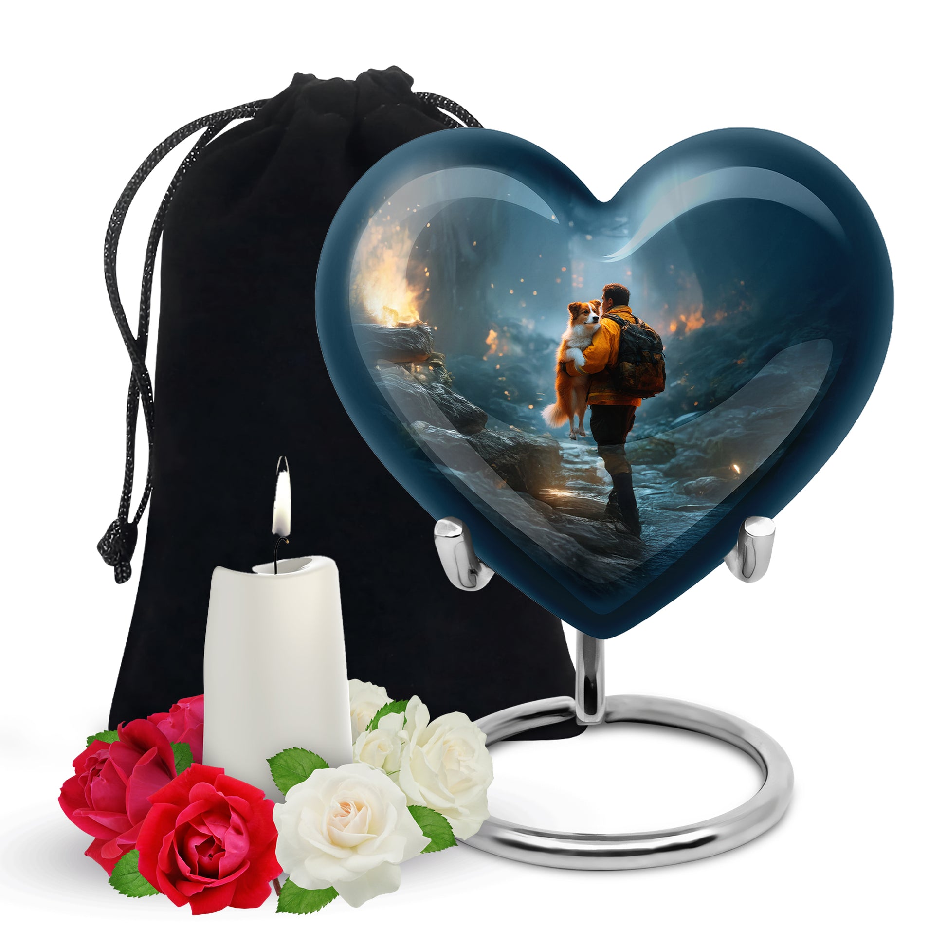Slate Blue Firefighter Cremation Urn detail view - heart-shaped firefighter design symbolizing eternal love - full-size 10 inch 200 cubic inch adult cremation urn