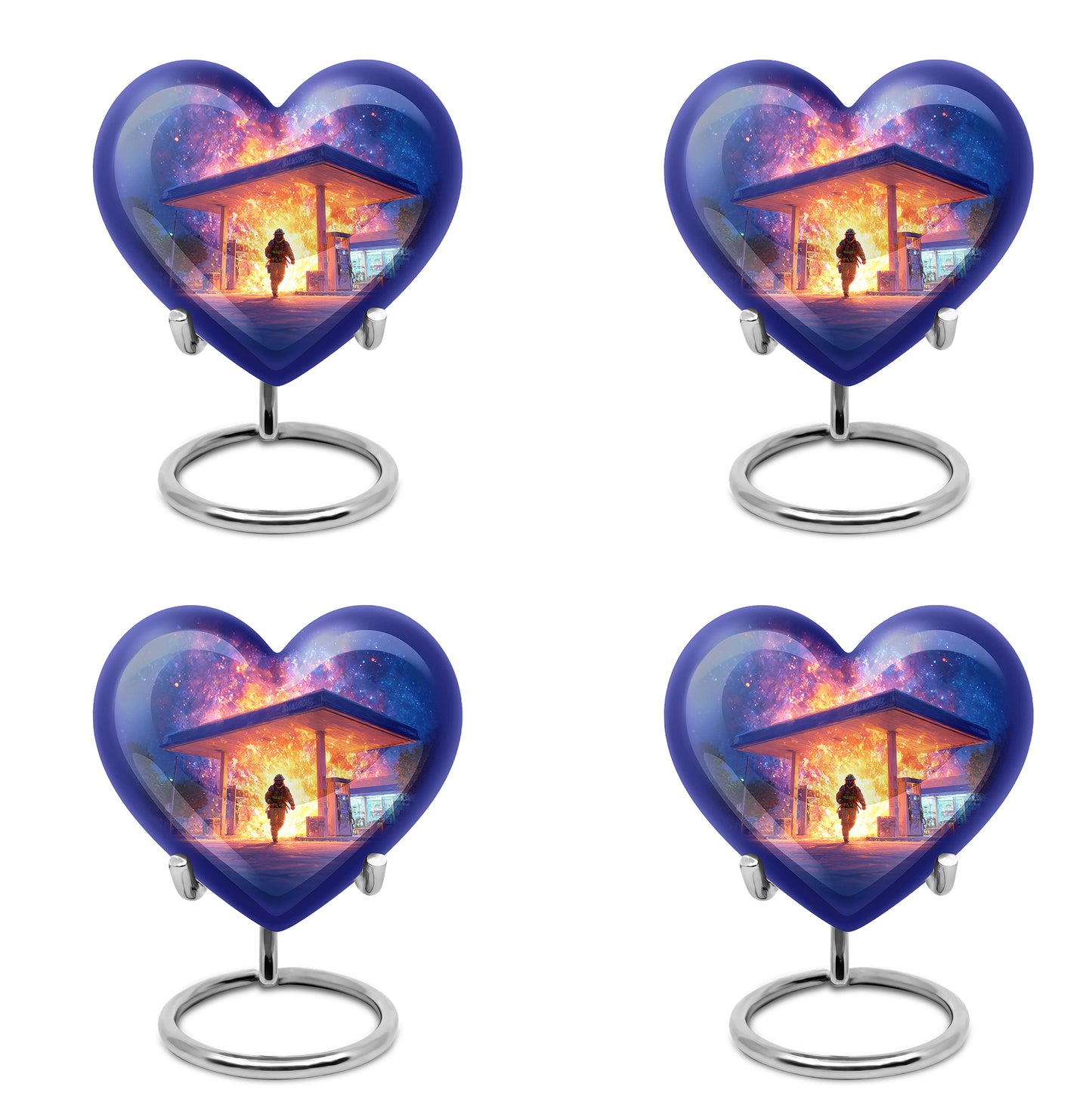 Dusty Blue Firefighter Cremation Urn angled view of lid and engraved motif - loving heart memorial featuring firefighter pattern - 10 inch aluminum urn for cremated remains