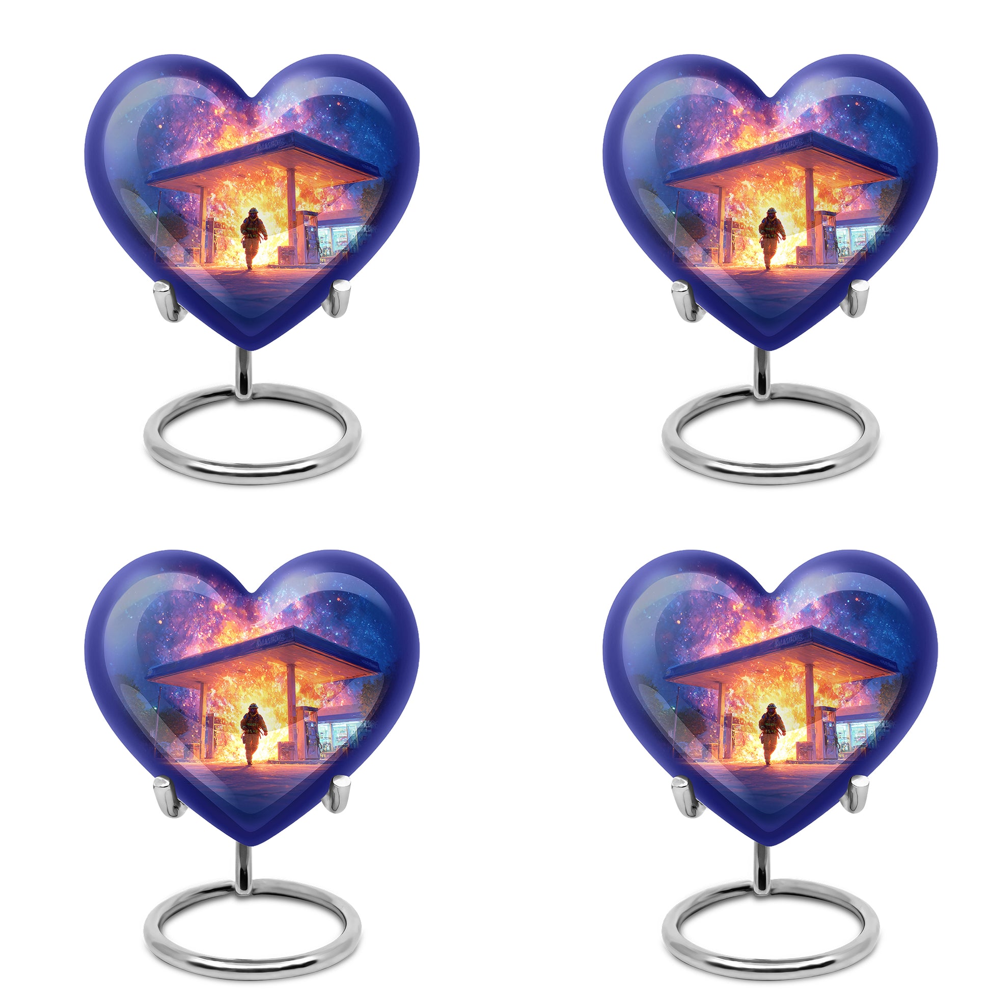 Dusty Blue Firefighter Cremation Urn angled view of lid and engraved motif - loving heart memorial featuring firefighter pattern - 10 inch aluminum urn for cremated remains