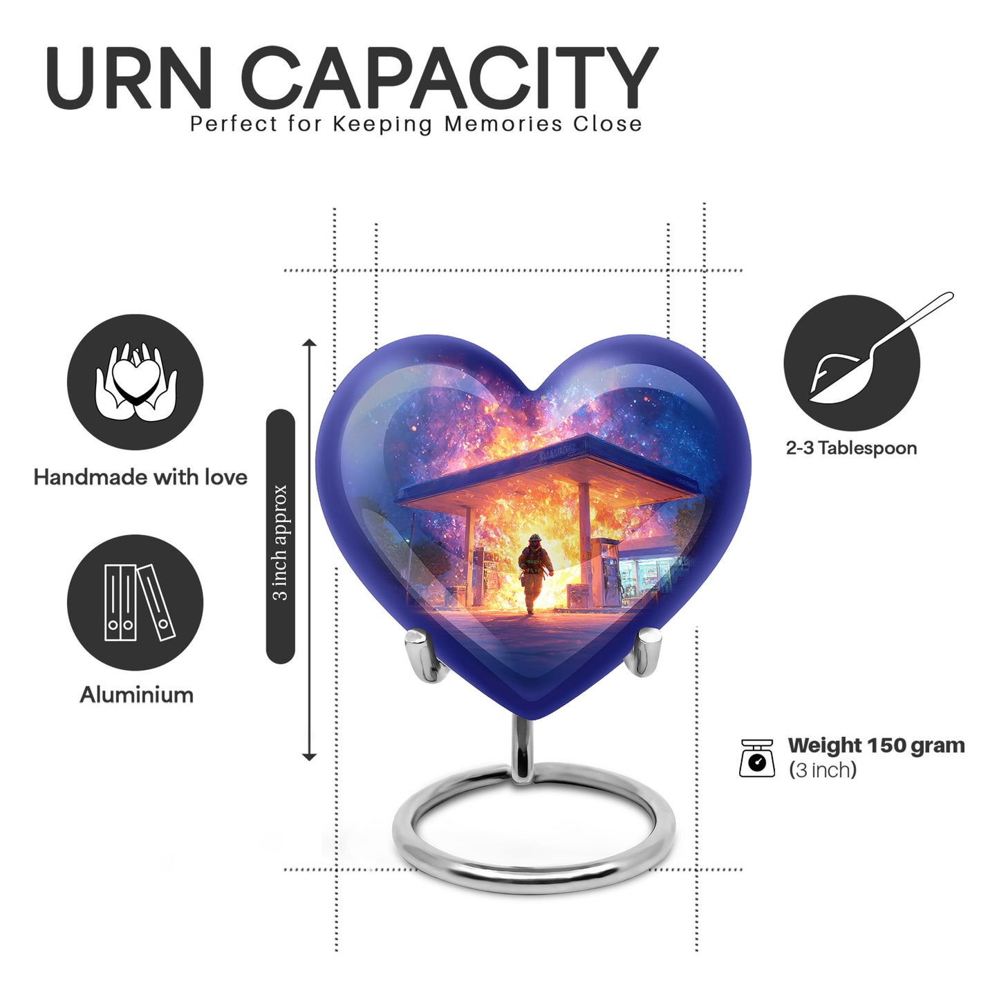 Sky Blue Firefighter Cremation Urn front view showing detailed design - loving heart memorial featuring firefighter pattern - mini keepsake memorial for portion of cremation ashes