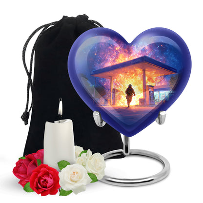Royal Blue Firefighter Cremation Urn detail view - compassionate heart-firefighter combination with gentle curves - full-size 10 inch 200 cubic inch adult cremation urn