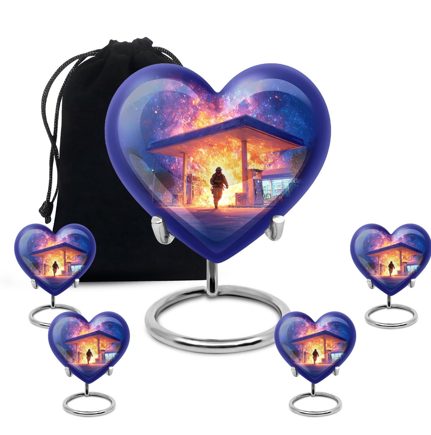 Sapphire Blue Firefighter Cremation Urn close-up of engraving and surface detail - compassionate heart-firefighter combination with gentle curves - memorial set with one large and four small urns