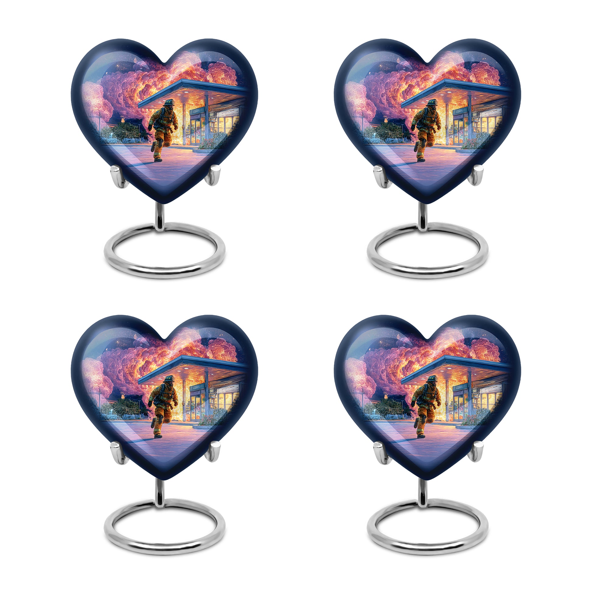Azure Firefighter Cremation Urn angled view of lid and engraved motif - heart-shaped firefighter design symbolizing eternal love - 10 inch aluminum urn for cremated remains