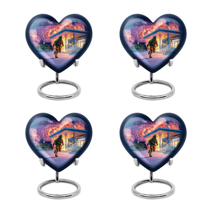 Azure Firefighter Cremation Urn angled view of lid and engraved motif - heart-shaped firefighter design symbolizing eternal love - 10 inch aluminum urn for cremated remains