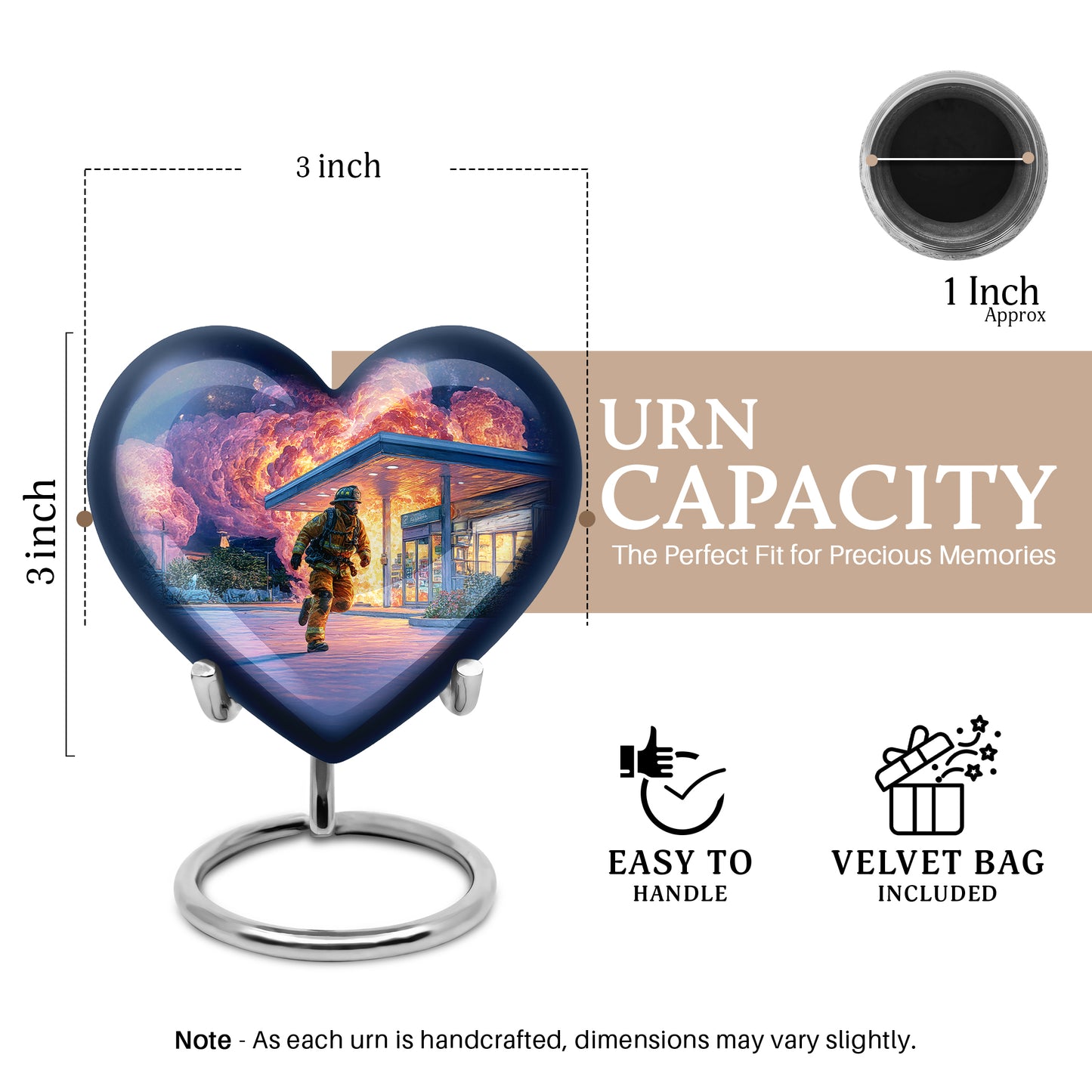 Navy Blue Firefighter Cremation Urn front view showing detailed design - heart-shaped firefighter design symbolizing eternal love - mini keepsake memorial for portion of cremation ashes